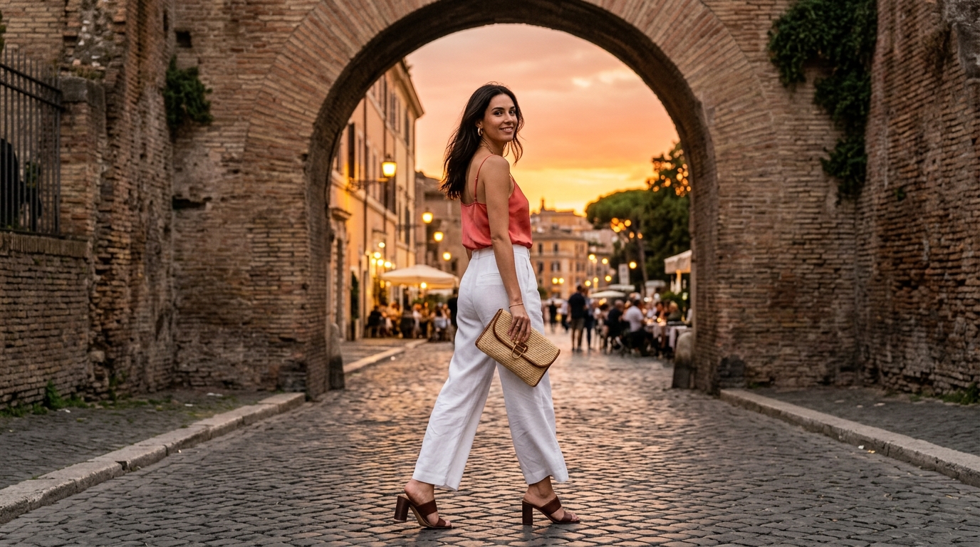 Coralline Pink Silk Cami & High-Waisted White Linen Pants